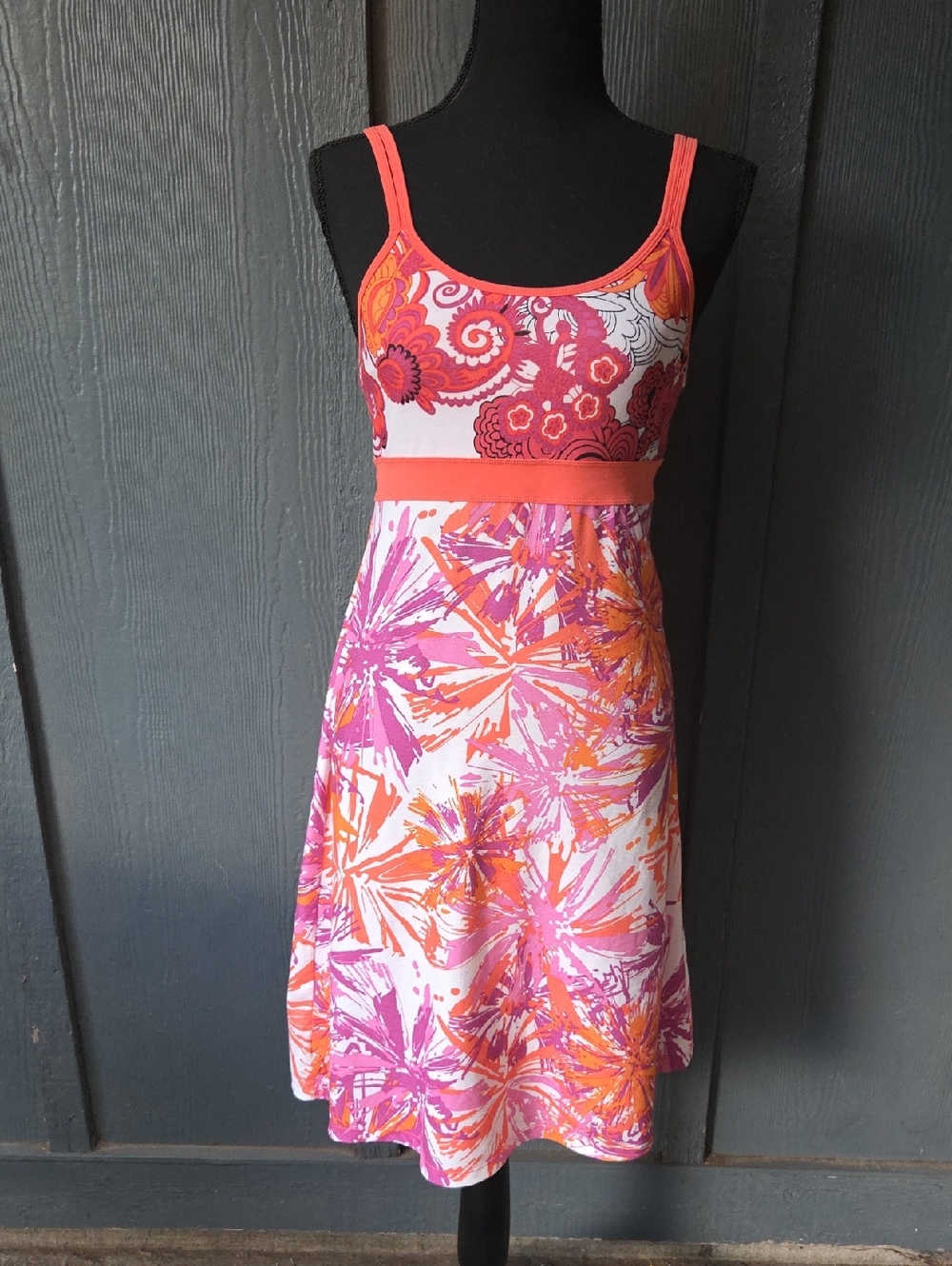 Prana Pink & Orange Floral-Print Midi Dress. Size Small